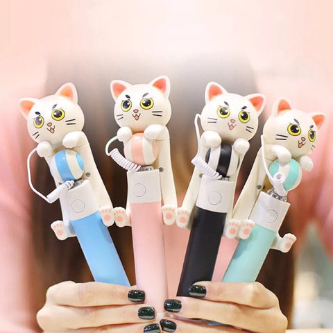 Cute Cat Selfie Stick Monopod Stainless Steel for IOS/Android/Xiaomi/Redmi/Smartphones 14cm-68cm Stick for Selfie